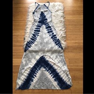 Hailey & Co. Tie Dye Chervon White Blue Hi-low Gauze Halter Maxi Dress, size L